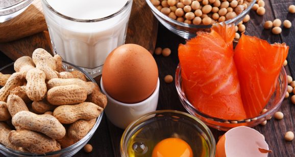 Composition with common food allergens including egg, milk, soya, peanuts, hazelnut, fish, seafood and wheat flour